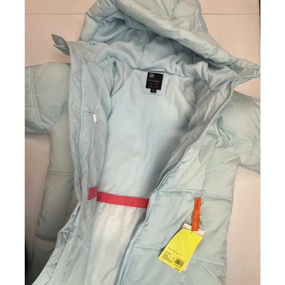 All In Motion Girls Puffer Jacket Light Blue Hooded Mid-Length Coat Size XL (14)